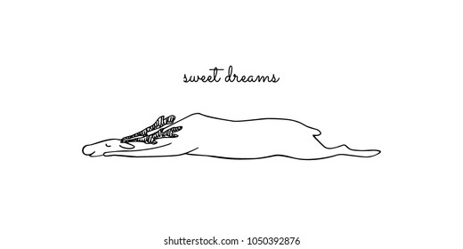 Vector illustration of hand drawn cute sleeping deer. Beautiful ink drawing, sketch style. Perfect design elements, animal illustration