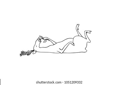 Vector illustration of hand drawn cute deer lying on the ground and enjoying the scent of a flower. Beautiful ink drawing, cute animal illustration