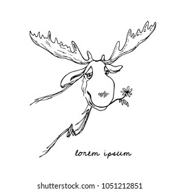 Vector illustration of hand drawn cute moose with a flower. Beautiful ink drawing, sketch style. Perfect design elements, animal illustration