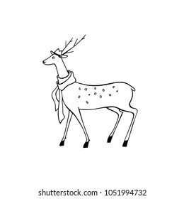 Vector illustration of hand drawn cute deer in a hat. Beautiful ink drawing, sketch style. Perfect design elements, animal illustration