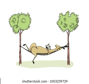 Vector illustration of hand drawn cute deer lying in the hammock and reading a book. Beautiful ink drawing, cute animal illustration