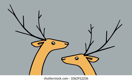 Vector illustration of hand drawn cute deer couple. Ink drawing, sketch style. Perfect design elements, animal illustration