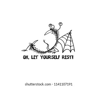 Vector illustration of hand drawn cute monster having a rest. Graphic style, ink drawing. Beautiful design elements