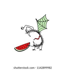 Vector illustration of hand drawn cute monster with watermelon. Graphic style, ink drawing. Beautiful design elements