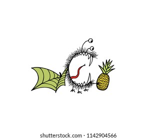 Vector illustration of hand drawn cute monster with pineapple. Graphic style, ink drawing. Beautiful design elements