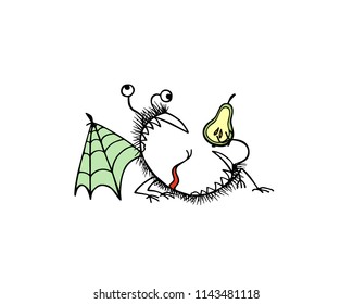 Vector illustration of hand drawn cute monster eating pear. Graphic style, ink drawing. Beautiful design elements