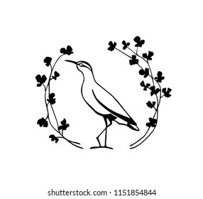 Vector illustration of hand drawn cute sandpiper in floral laurel. Beautiful animal design elements, ink drawing, logo template