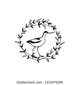 Vector illustration of hand drawn cute sandpiper in floral laurel. Beautiful animal design elements, ink drawing, logo template