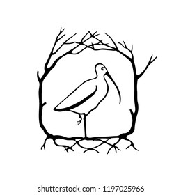 Vector illustration of hand drawn cute sandpiper in plant laurel. Beautiful animal design elements, ink drawing, logo template