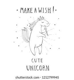 Vector illustration of hand drawn cute unicorn with stars, hearts, magic wand and text – MAKE A WISH! On withe background. Cartoon style. Monochrome.