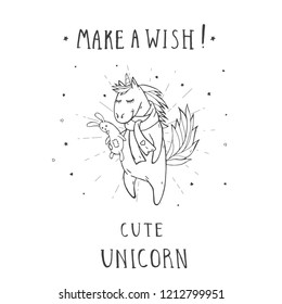Vector illustration of hand drawn cute unicorn in scarf with stars, hearts, toy hare and text – MAKE A WISH! On withe background. Cartoon style. Monochrome.
