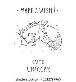 Vector illustration of hand drawn cute sleeping unicorn with bunny toy, stars and text – MAKE A WISH! On withe background. Cartoon style. Monochrome.
