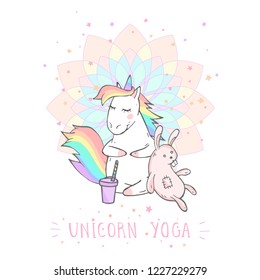 Vector illustration of hand drawn cute unicorn with bunny toy, coffee and text - UNICORN YOGA on withe background. For print, t-shits, greeting cards, poster, children room decoration. Cartoon style. 