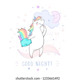 Vector illustration of hand drawn cute unicorn with pillow and text - GOOD NIGHT! On withe background. Cartoon style. Colored.
