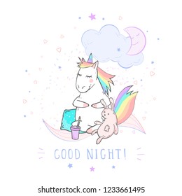 Vector illustration of hand drawn cute unicorn with bunny toy, coffee and text - GOOD NIGHT! On withe background. Cartoon style. Colored.