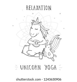 Vector illustration of hand drawn cute sitting unicorn with coffeeand text – UNICORN on withe background. Cartoon style. Monochrome.