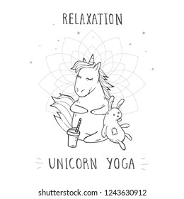 Vector illustration of hand drawn cute sitting unicorn with coffee, toy rabbit and text – RELAXATION UNICORN YOGA on withe background.  Cartoon style. Monochrome.