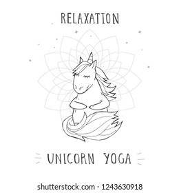 Vector illustration of hand drawn cute sitting unicorn with stars and text – RELAXATION UNICORN YOGA on withe background.  Cartoon style. Monochrome.