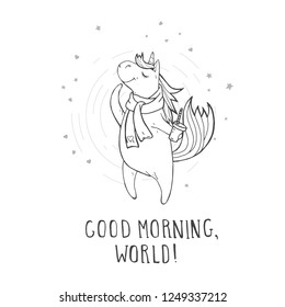 Vector illustration of hand drawn cute unicorn in scarf with coffee, hearts and text – GOOD MORNING, WORLD! On withe background. Cartoon style. Monochrome.