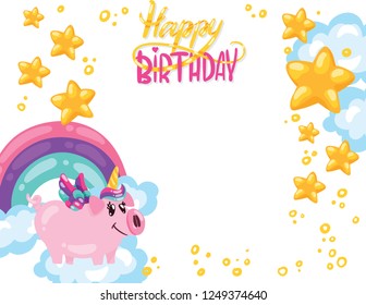 vector illustration of hand drawn cute pig unicorn with rainbow cloud star heart and lettering Happy Bithday. Can be used for card or invitations for party