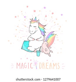 Vector illustration of hand drawn cute unicorn with bunny toy, coffee and text - MAGIC DREAMS on withe background. Cartoon style. Colored.