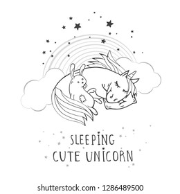 Vector illustration of hand drawn cute sleeping unicorn with toy rabbit, rainbow and text – SLEEPIG CUTE UNICORN on withe background. Cartoon style. Monochrome.