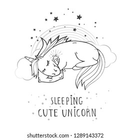 Vector illustration of hand drawn cute sleeping unicorn with magic wand, rainbow and text – SLEEPIG CUTE UNICORN on withe background. Cartoon style. Monochrome.