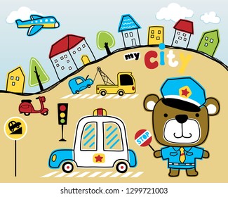 Vector illustration of hand drawn cute bear in police costume, vehicles cartoon in little town