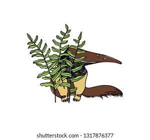 Vector illustration of hand drawn cute anteater hiding behind green big leaves. Beautiful ink drawing, sketch style. Perfect design elements, animal illustration