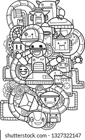 Vector Illustration hand drawn of cute robots in cartoon style. Isolated vector robots.