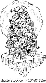 Vector illustration hand drawn of cute doodle monster under the moonlight.