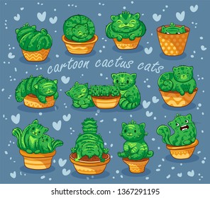 Vector illustration of hand drawn cute cats cactus in a flowerpot  in cartoon style on grey background.  It can be used for sticker, patch, phone case, poster, t-shirt, mug and other design