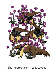 Vector illustration of hand drawn cute anteaters hiding behind pink flowers. Beautiful ink drawing, sketch style. Perfect design elements, animal illustration