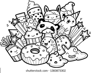 Vector illustration hand drawn of cute doodle monster cake party.