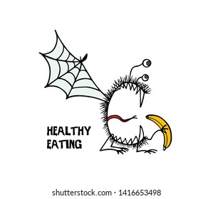 Vector illustration of hand drawn cute monster with a banana. Graphic style, ink drawing. Beautiful design elements