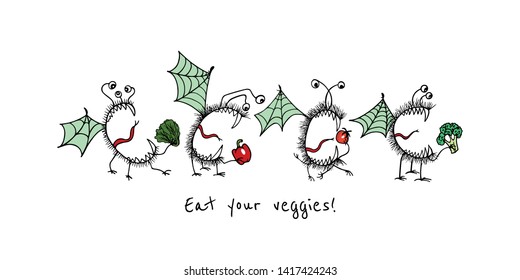 Vector illustration of hand drawn cute monsters with vegetables. Graphic style, ink drawing. Beautiful healthy eating design elements