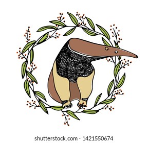 Vector illustration of hand drawn cute anteater in floral wreath. Beautiful ink drawing, sketch style. Perfect design elements, animal illustration
