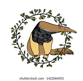 Vector illustration of hand drawn cute anteater in floral wreath. Beautiful ink drawing, sketch style. Perfect design elements, animal illustration