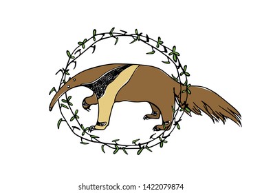 Vector illustration of hand drawn cute anteater in floral wreath. Beautiful ink drawing, sketch style. Perfect design elements, animal illustration