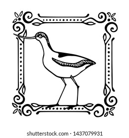 Vector illustration of hand drawn cute sandpiper in vintage frame. Beautiful animal design elements, ink drawing, logo template