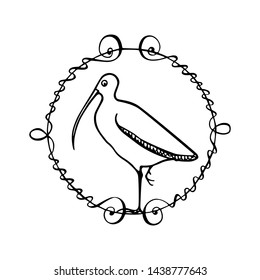 Vector illustration of hand drawn cute sandpiper in vintage frame. Beautiful animal design elements, ink drawing, logo template