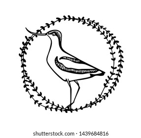 Vector illustration of hand drawn cute sandpiper in floral laurel. Beautiful animal design elements, ink drawing, logo template