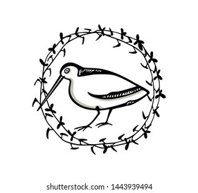 Vector illustration of hand drawn cute sandpiper in floral laurel. Beautiful animal design elements, ink drawing, logo template