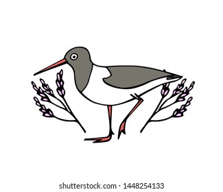 Vector illustration of hand drawn cute sandpiper in floral laurel. Beautiful animal design elements, ink drawing, logo template