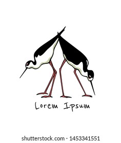 Vector illustration of hand drawn cute black-necked stilts. Beautiful animal design elements, ink drawing, logo template