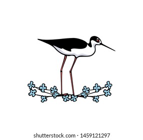 Vector illustration of hand drawn cute Black-necked stilt in floral vintage laurel. Beautiful animal design elements, ink drawing, logo template
