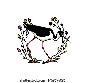 Vector illustration of hand drawn cute Black-necked stilt in floral vintage laurel. Beautiful animal design elements, ink drawing, logo template