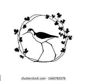 Vector illustration of hand drawn cute Black-necked stilt in floral vintage frame. Beautiful animal design elements, ink drawing, logo template