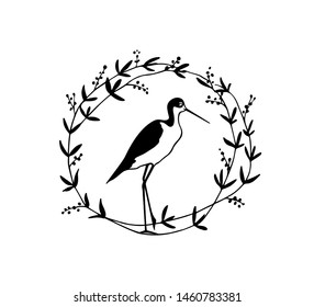 Vector illustration of hand drawn cute Black-necked stilt in floral vintage frame. Beautiful animal design elements, ink drawing, logo template