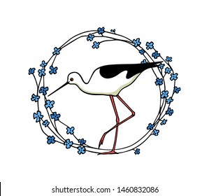 Vector illustration of hand drawn cute Black-winged stilt in floral vintage frame. Beautiful animal design elements, ink drawing, logo template